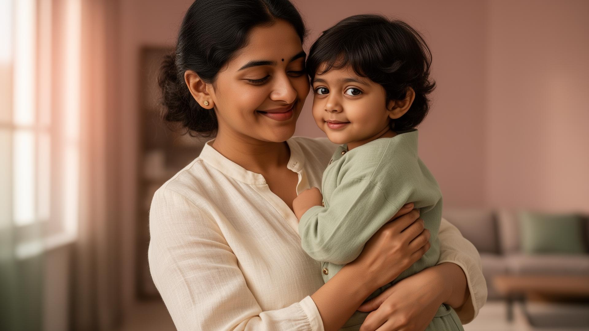 A calm, working mother holding her child in a sunlit home